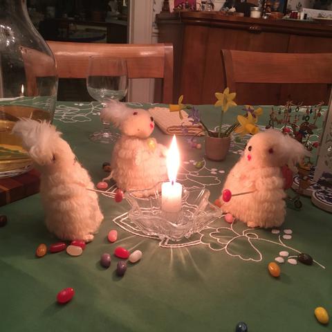 Rabbits roasting jellybeans at easter